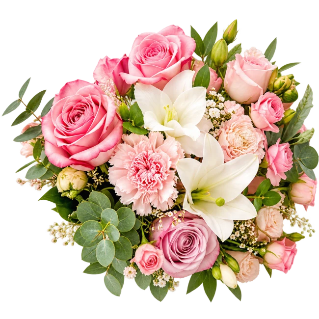 Ramo de rosas, lirios y claveles rosados