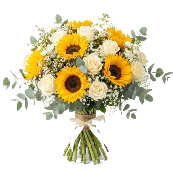 Ramo de girasoles y rosas blancas